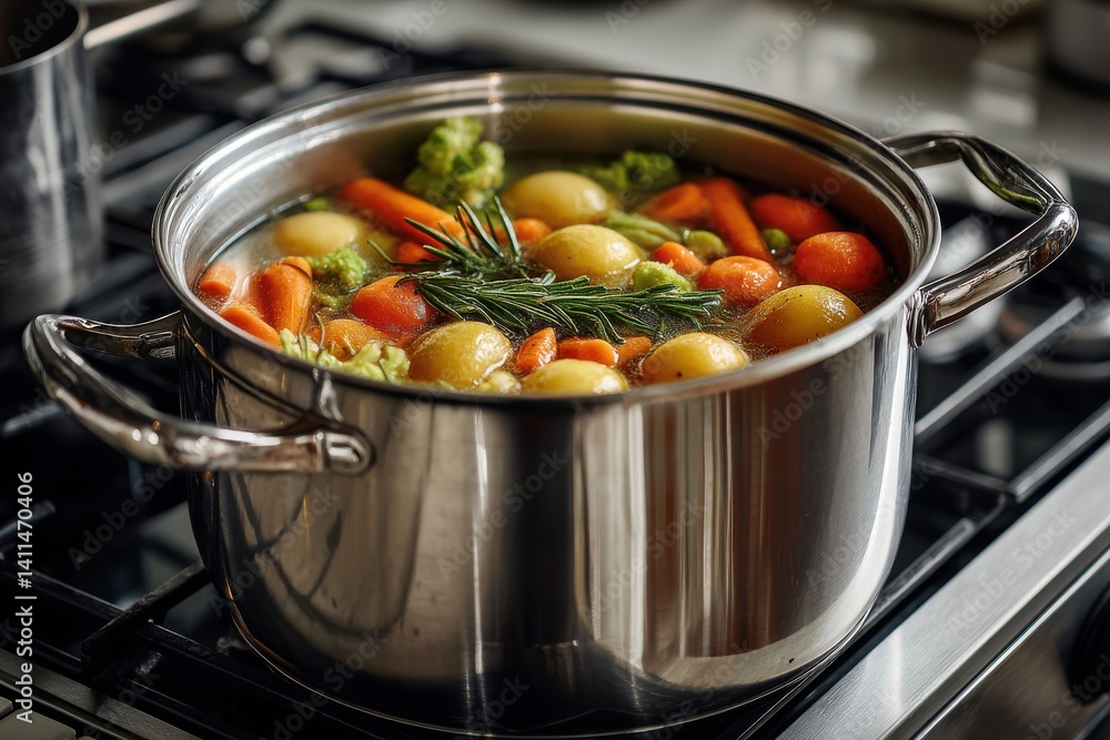 Edelstahltopf mit frischem Gemüse auf dem Herd, Stainless steel pot with fresh vegetables on the stove