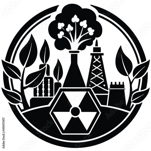 Black and White Vector Graphic: Environmental Pollution Symbol with Nuclear Hazard Sign, Factories, and Dying Plants in Circular Design