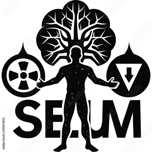 SEUM Logo: Black and White Silhouette of Human Figure with Tree Roots, Radiation Symbol, and Upside Down Triangle Graphic Design