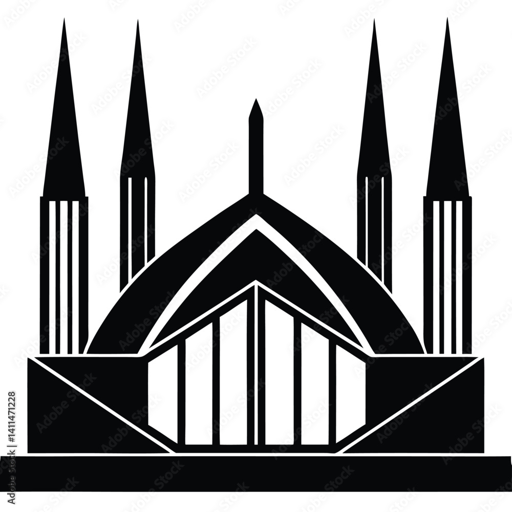 Faisal Mosque Pakistan Black and White Vector Illustration: Islamic Architecture, Landmark, Religious Building, Minimalist Design Faisal Mosque Pakistan Black and White Vector Illustration: Islamic Architecture, Landmark, Religious Building, Minimalist Design