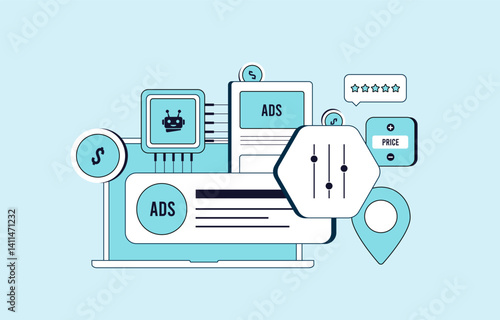 AI-powered programmatic advertising automates ad buying, dynamic pricing strategies and ads placement. Increases ROI and targeting ads and efficiency through intelligent agents. Vector illustration