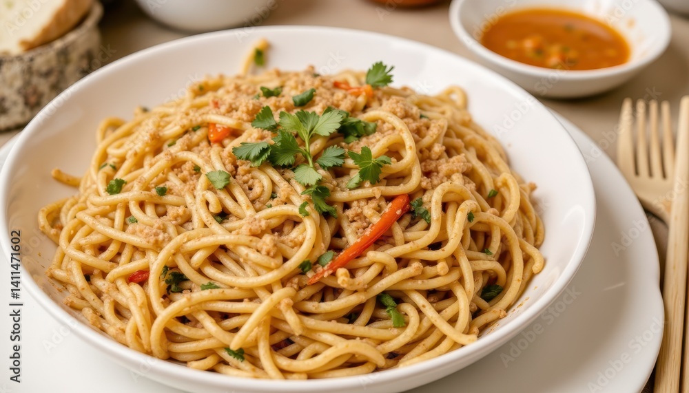 Delicious plate of spaghetti with fresh herbs and spice, served in a white bowl on a neutral table setting Delicious plate of spaghetti with fresh herbs and spice, served in a white bowl on a neutral table setting