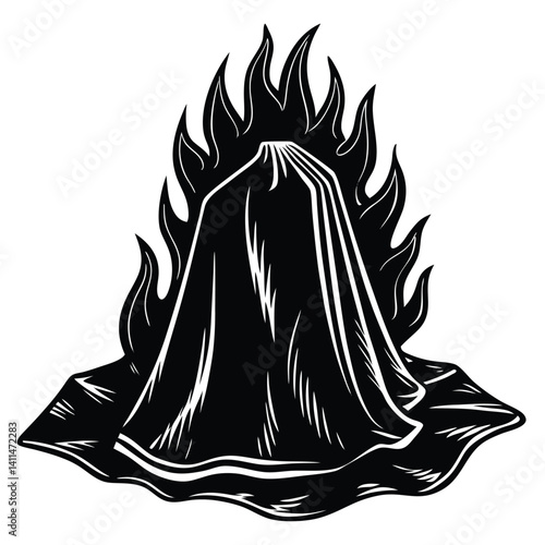 Black and White Illustration of a Burning Throne with Draped Cloth, Mystical Symbolism, Dark Art, Fantasy Concept, Vector Graphic