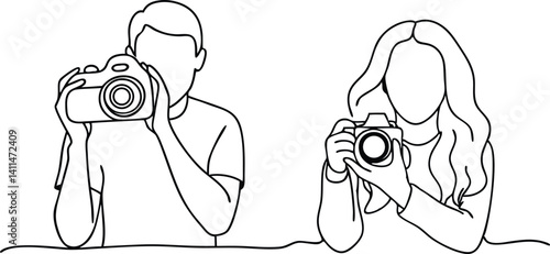 Continuous Line Drawing of Man and Woman Holding Cameras – Great for Photography Business Branding, Couple Travel Vlog Logos, Wedding Photographer Icon Sets, and Visual Artist Clipart

