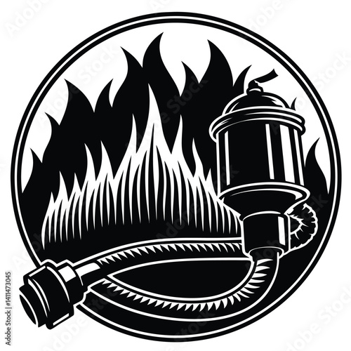 Vintage Fire Suppression System Illustration: Black and White Graphic of Fire, Sprinkler, and Hose in a Circle for Fire Safety Design