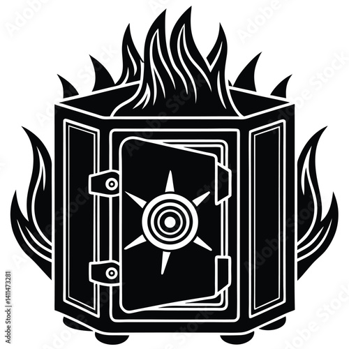 Burning Safe Black and White Vector Illustration: Fireproof Security, Protection, Risk, and Financial Loss Concept Graphic Design