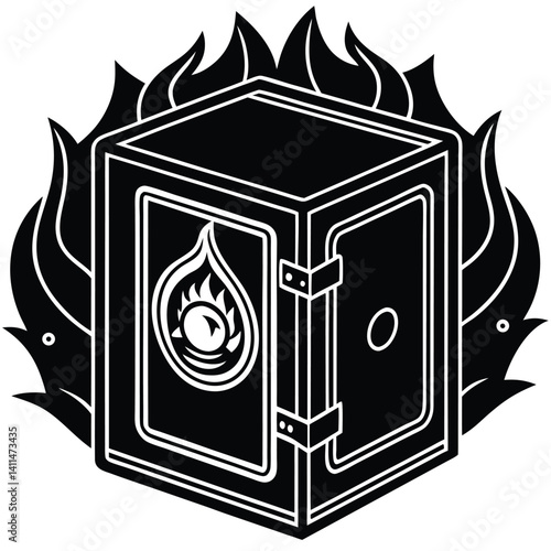 Fireproof Safe Icon: Black and White Vector Illustration of a Secure Safe Surrounded by Flames for Security Concepts