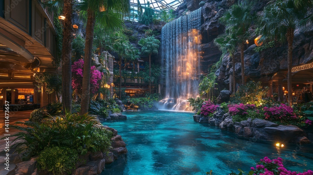 Obraz premium Lush Indoor Tropical Garden with Waterfall and Pool