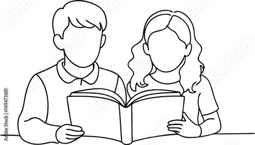 Boy and girl reading book together in minimal continuous line drawing style – continuous one line vector drawing for digital download, educational decor, t-shirt design, printable wall art, creative t