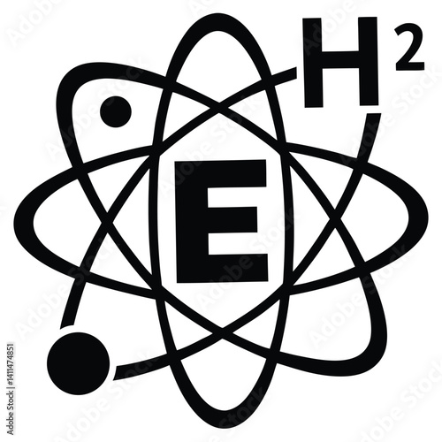 Black and White Atom Symbol with "E" and H2: Science, Energy, Physics, Chemistry, Education, Icon, Graphic Design, Vector Illustration