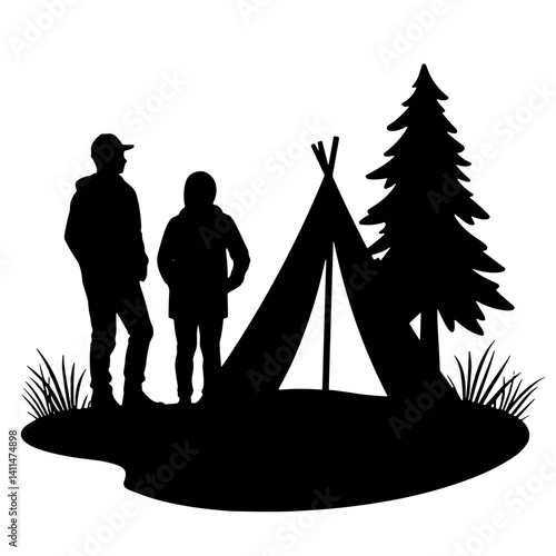 Silhouette of two campers standing by a tent near a pine tree