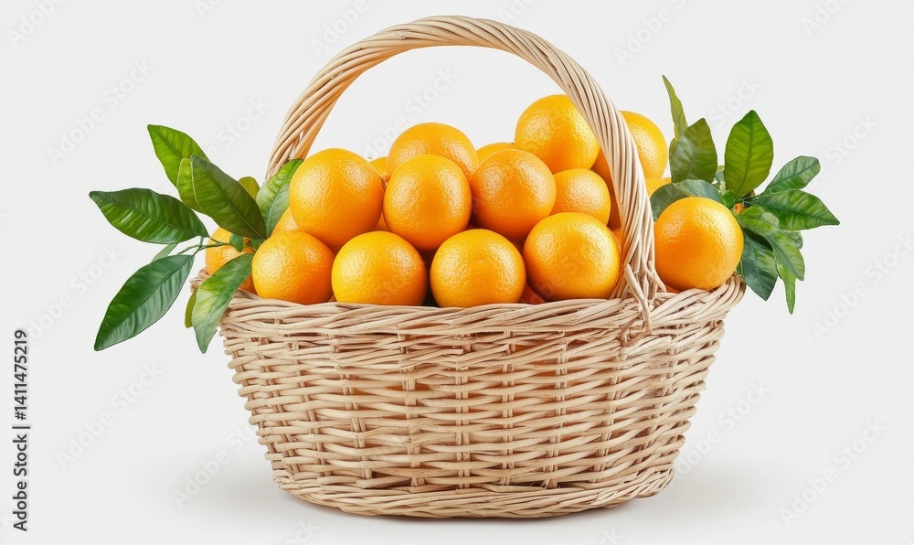 A white background serves as the setting for a basket packed with a multitude of tangerines and green leaves, conveying the idea of healthy and fresh citrus fruits A white background serves as the setting for a basket packed with a multitude of tangerines and green leaves, conveying the idea of healthy and fresh citrus fruits