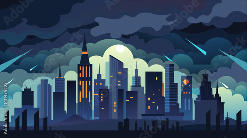 The glimmering lights of the city skyline were overshadowed by the ominous presence of dark clouds alluding to the looming financial turmoil and social unrest.. Vector illustration
