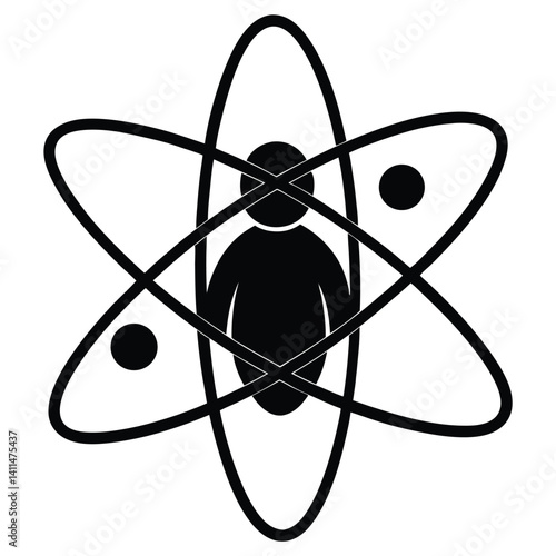 Atom Symbol with Human Figure Silhouette: Science, Physics, and Humanism Icon, Black and White Vector Illustration