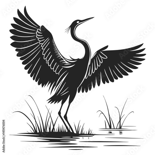 Silhouette Bird Heron with Spread Wings, Tall Grass in Pond, Black and White Outline