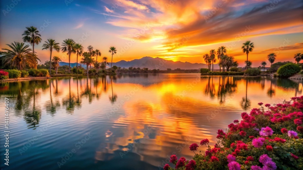 Fototapeta premium Serene Sunset Over Calm Lake with Palms and Colorful Flowers