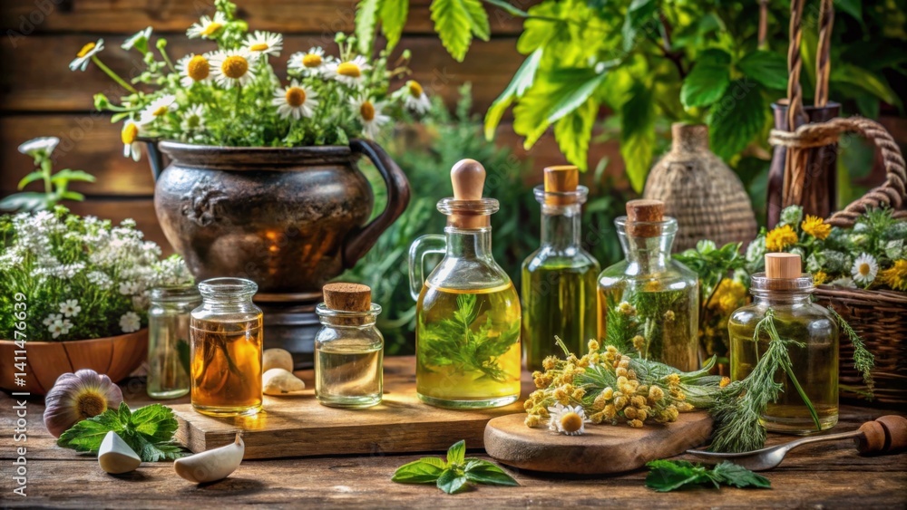 Herbal Oils and Natural Ingredients on Rustic Wooden Table Herbal Oils and Natural Ingredients on Rustic Wooden Table