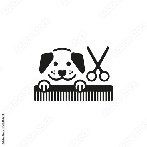 Dog grooming logo with comb and scissors. Vector clipart and drawing. Isolated illustration on white background.