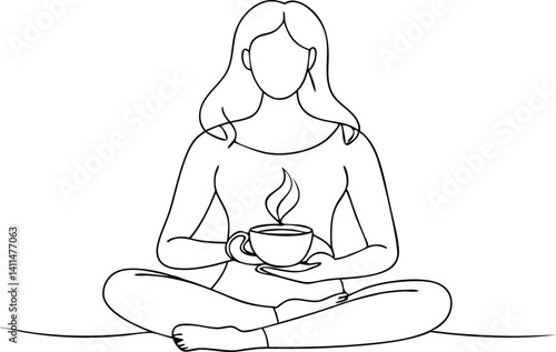 Relaxed woman sitting cross-legged holding a steaming coffee cup – minimalist continuous one line drawing perfect for self-care illustrations, calm lifestyle wall art, or digital wellness content.

