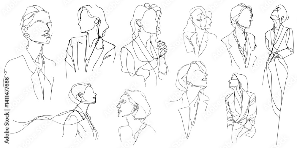 Elegant continuous line art illustration featuring diverse businesswoman. female figures in jackets Elegant continuous line art illustration featuring diverse businesswoman. female figures in jackets