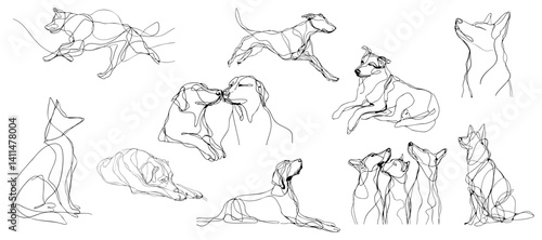Elegant continuous line art showcasing various dog poses and interactions