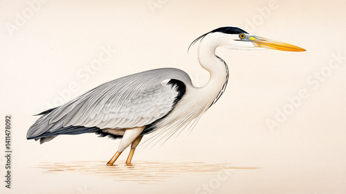 Detailed Pixel Art Illustration of a Grey Heron Wading in Shallow Water, Nature and Wildlife Theme