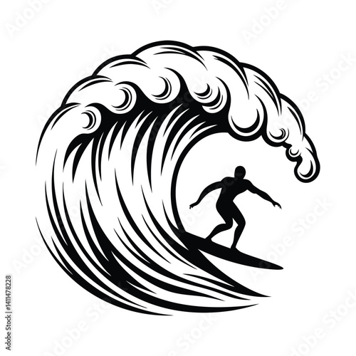 Silhouette Surfer Catching Wave Isolated, Black and White Ocean Sport, Wave Circle