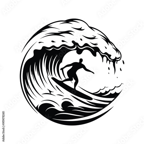 Silhouette Surfer Rides Wave, Black and White Ocean Circle Design, Sports Theme, Summer Vibes