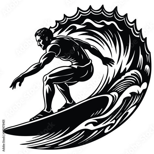 Silhouette Surfer Riding Ocean Wave, Black And White Isolated On White, Sport