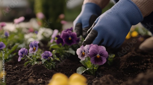 Fototapeta Naklejka Na Ścianę i Meble -  A gardener planting flowers in a backyard garden. Featuring care and patience