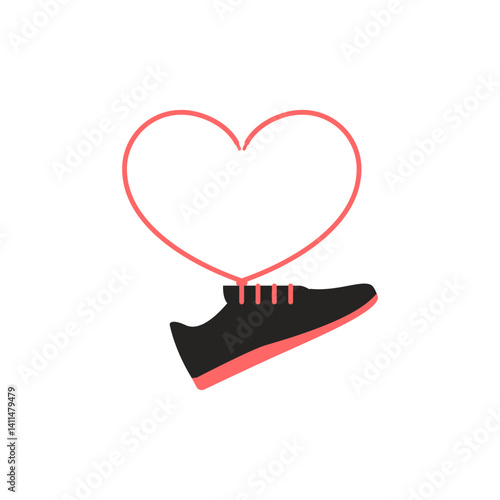 Sneaker with long tangled laces in shape heart. Sport shoe with laces and heart. Vector illustration on white background.
