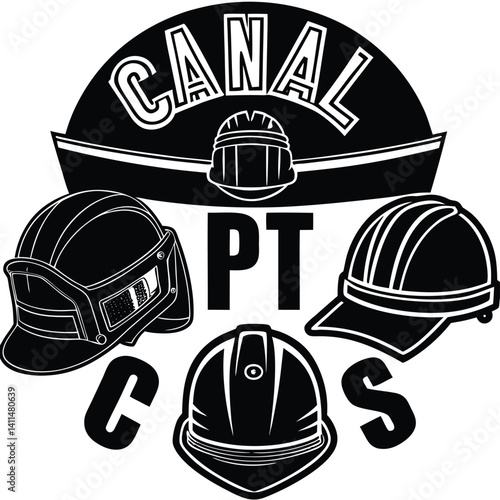 Canal PT COS: Black & White Vector Graphic of Construction Hard Hats & Safety Helmets for Industrial Safety Awareness & Workplace Protection