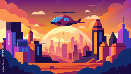 The city is the stage for a mesmerizing sunset show with air taxis gracefully navigating their way through the colorful clouds.. Vector illustration
