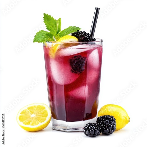 Refreshing blackberry lemonade in a tall glass with ice, garnished with lemon slices, fresh blackberries, and mint leaves on a white background