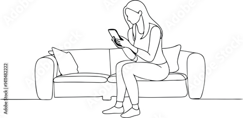 Side-facing woman sitting on modern sofa using smartphone – elegant one-line drawing capturing quiet tech moments, digital leisure, and contemporary screen time in cozy home environments.

