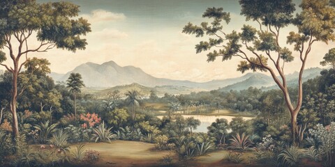 Leinwandbilder Khaki Wallpaper serene tropical landscape painting in pastel tones  © Ilie