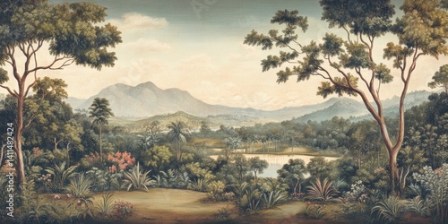 Wallpaper serene tropical landscape painting in pastel tones