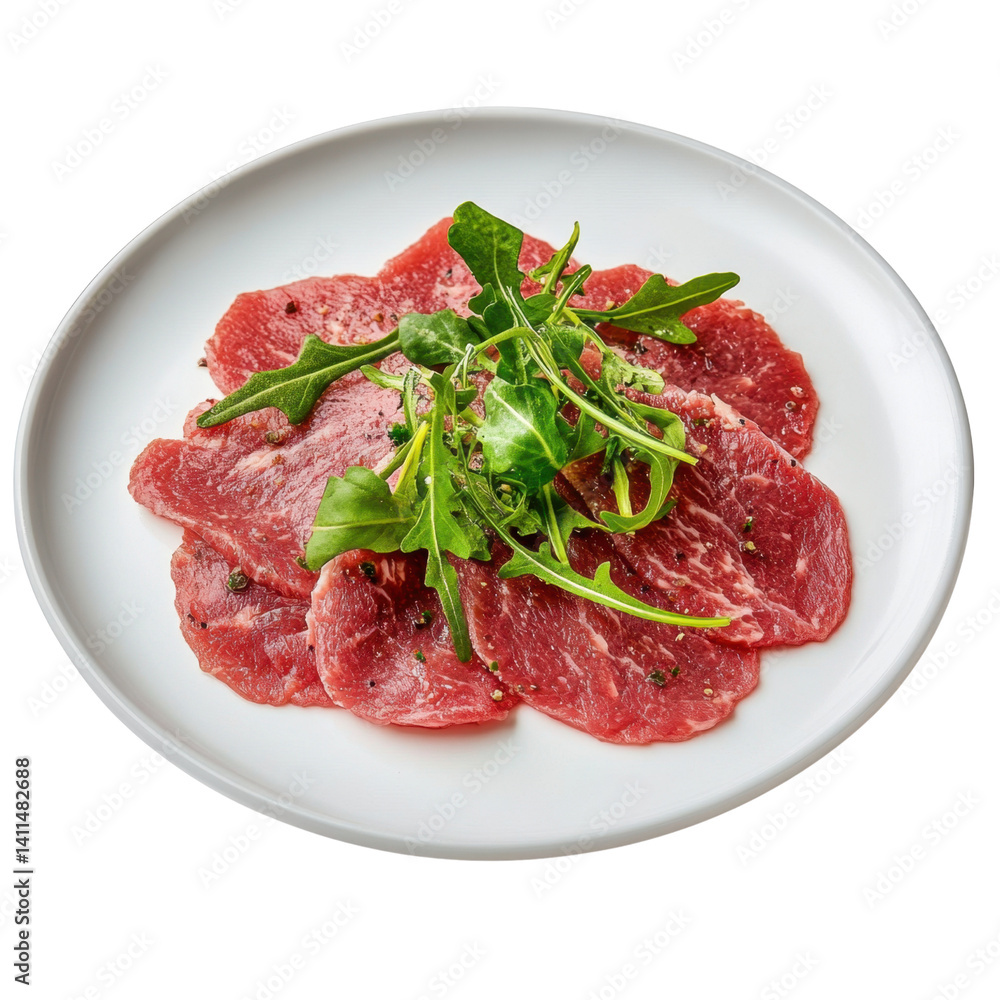 Freshly Sliced Beef Carpaccio with Arugula on White Plate Freshly Sliced Beef Carpaccio with Arugula on White Plate