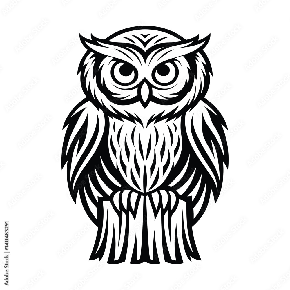 Fototapeta premium Stylized Owl Intricate Black and White Bird Design on White Background
