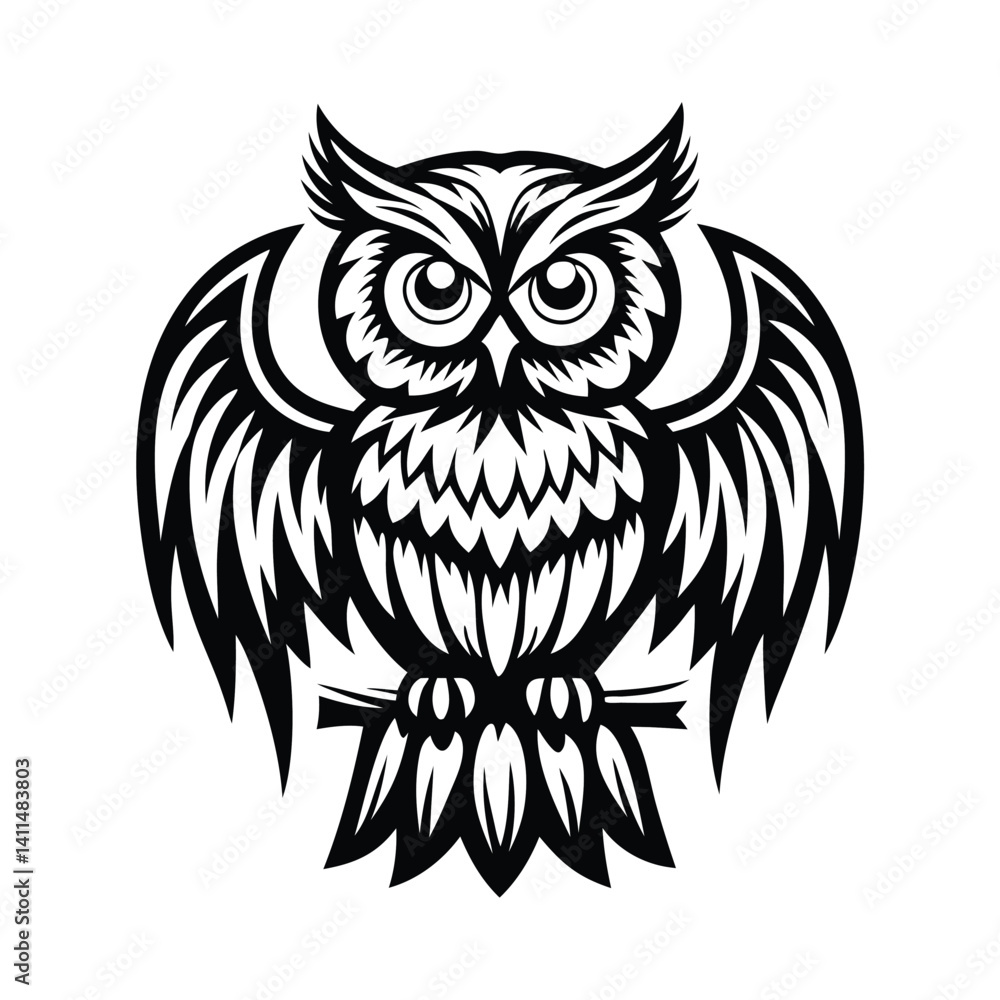 Obraz premium Stylized Owl Perched On Branch, Intricate Feather Detail, Black And White Silhouette Design