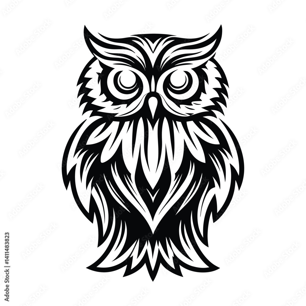 Fototapeta premium Stylized Owl Illustration, Black and White Design, Detailed Feathers, Isolated on White