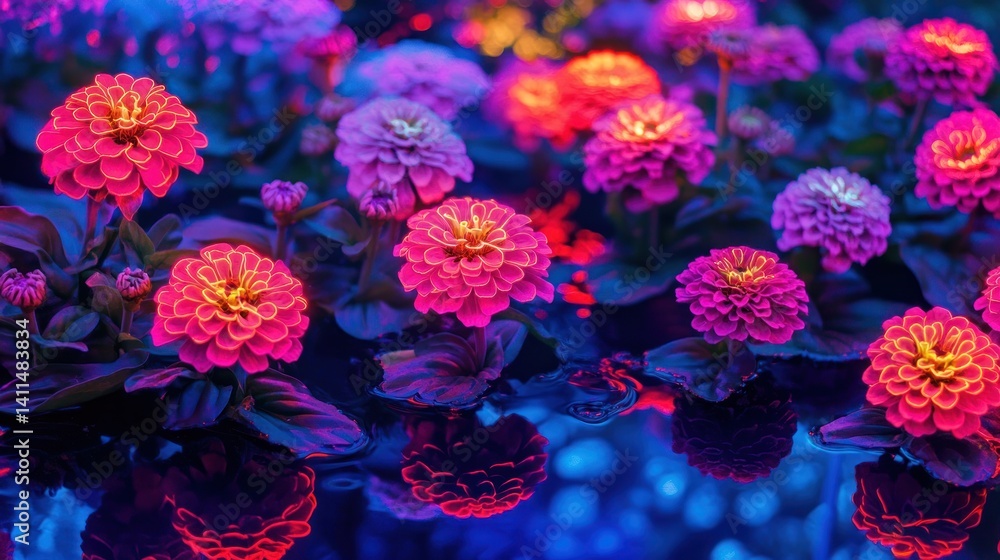 Naklejka premium Neon Zinnia flowers bloom reflecting in water, night garden