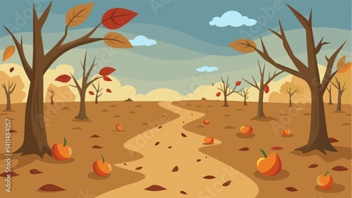 The fallen leaves dry and lifeless crunch underfoot as you wander through the barren orchard the only reminder of a time when this land was filled with abundance.. Vector illustration