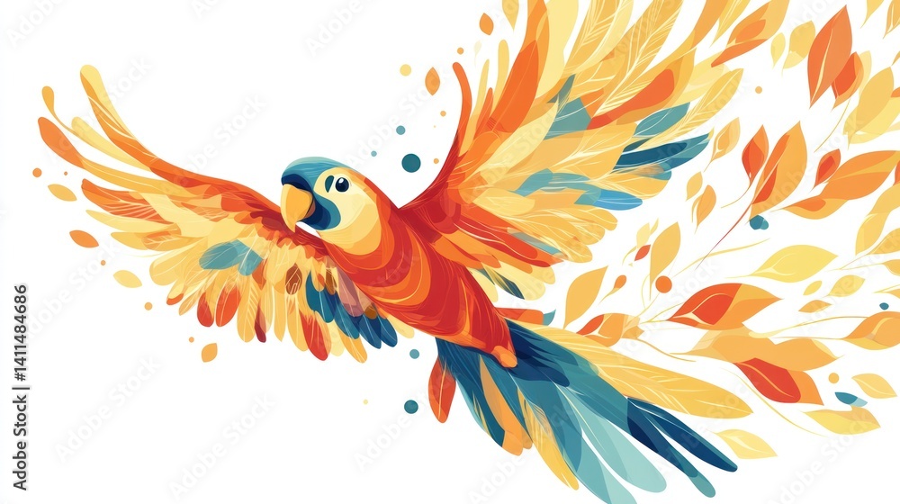 Obraz premium A colorful parrot depicted soaring with wings outstretched in flight