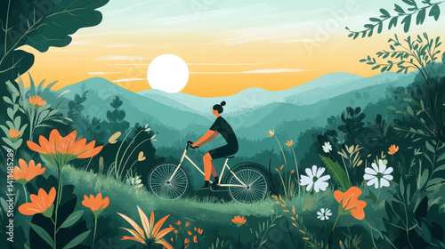 A cyclist rides through a vibrant landscape at sunset, surrounded by flowers and mountains.