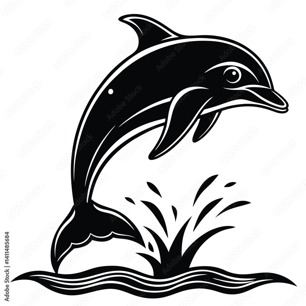 Fototapeta premium Black and White Silhouette of a Dolphin Leaping from the Ocean