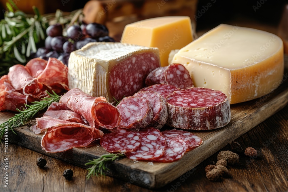 A variety of cured meats and cheeses arranged beautifully on a wooden board, accompanied by grapes and aromatic herbs, creating an inviting display