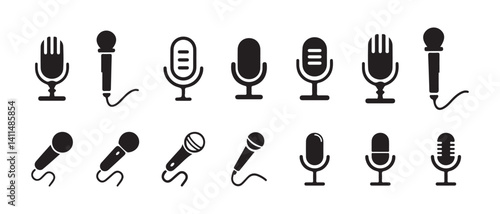 Microphone icon set. Different microphone collection.  podcast icon vector. Voice vector icon, Record. Microphone - recording Studio Symbol. Vector Illustration