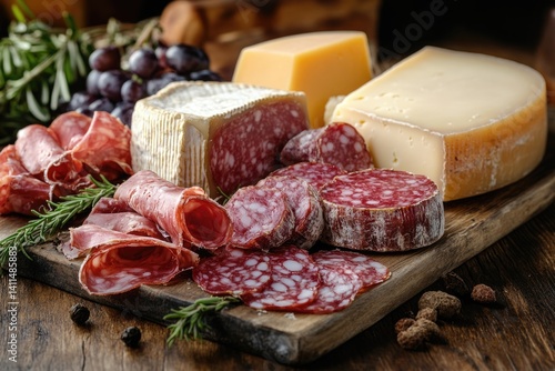 Obraz na płótnie A variety of cured meats and cheeses arranged beautifully on a wooden board, accompanied by grapes and aromatic herbs, creating an inviting display w salonie