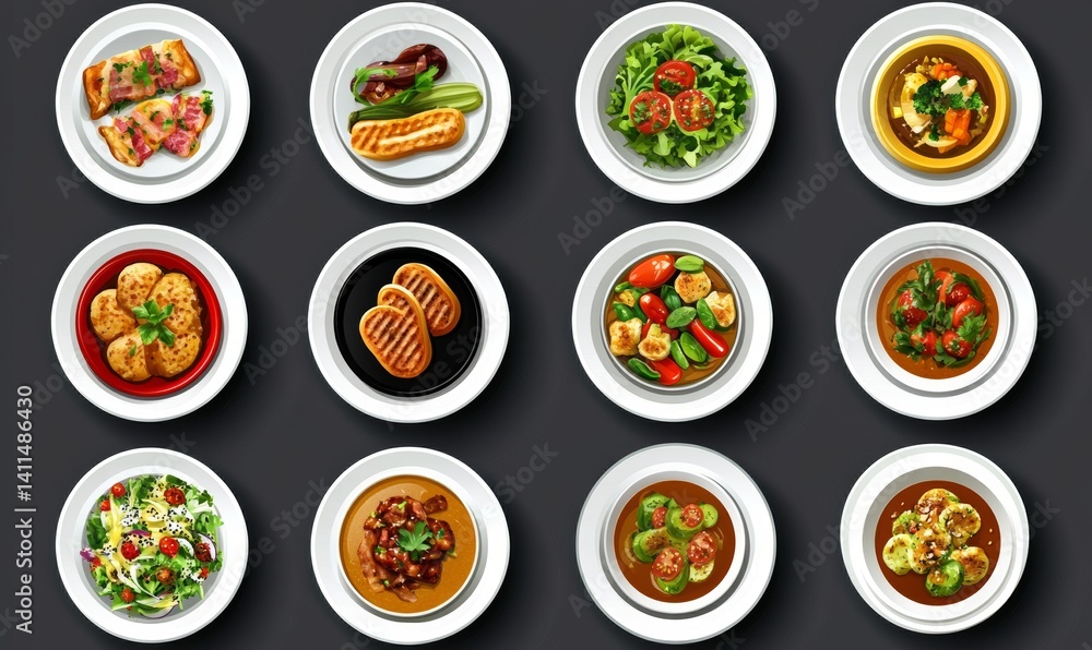 A pixel art representation of various small dishes viewed from above A pixel art representation of various small dishes viewed from above